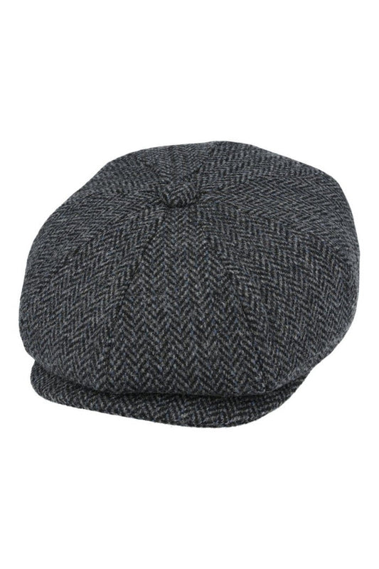 BLACK Gatsby Herringbone Wool Newsboy Flat Cap