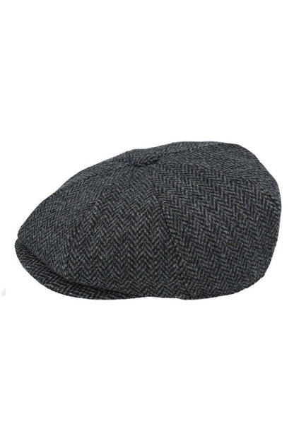 BLACK Gatsby Herringbone Wool Newsboy Flat Cap