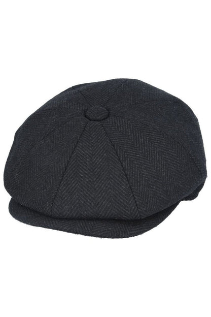 BLACK HERRINGBONE WOOL BLEND NEWSBOY FLAT CAP