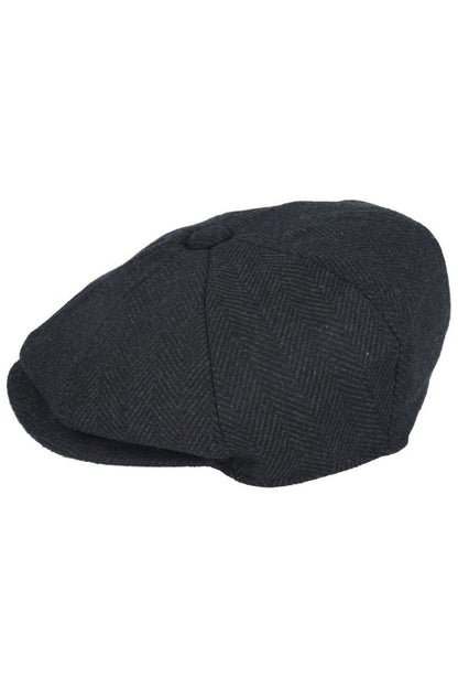 BLACK HERRINGBONE WOOL BLEND NEWSBOY FLAT CAP