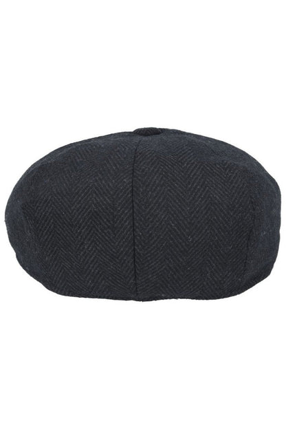 BLACK HERRINGBONE WOOL BLEND NEWSBOY FLAT CAP