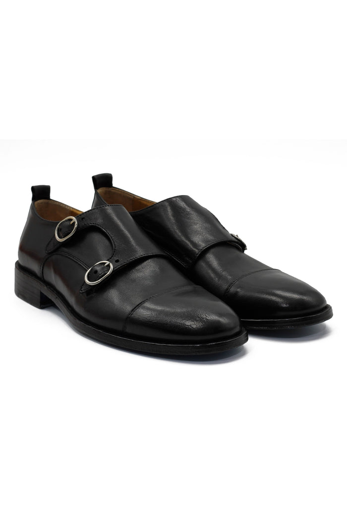 BLACK ITALIAN CALFSKIN DOUBLE BUCKLE MONK LOAFER