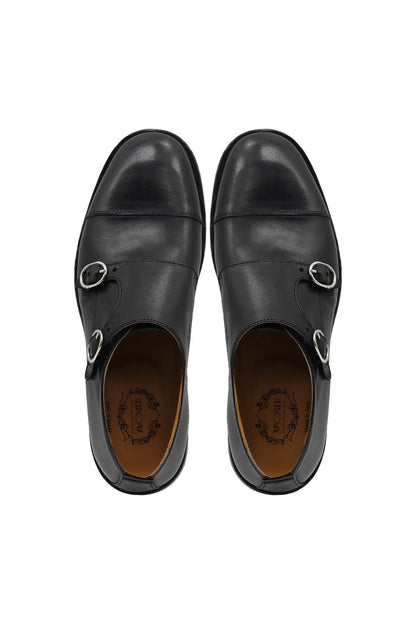 BLACK ITALIAN CALFSKIN DOUBLE BUCKLE MONK LOAFER