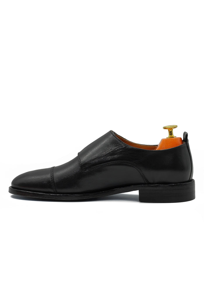 BLACK ITALIAN CALFSKIN DOUBLE BUCKLE MONK LOAFER