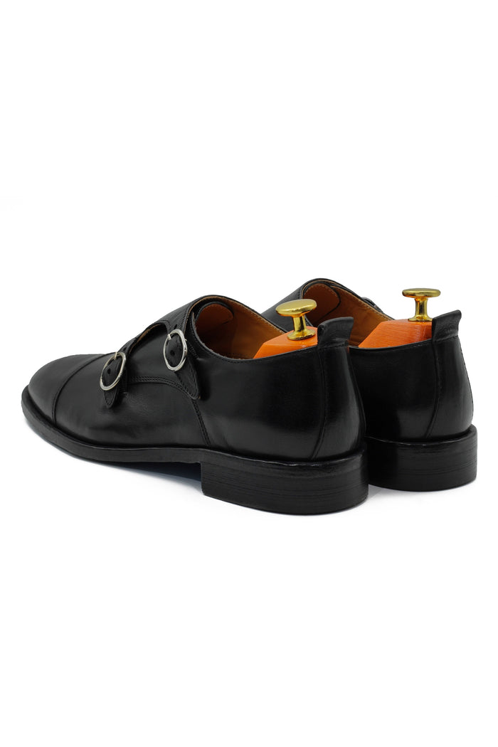 BLACK ITALIAN CALFSKIN DOUBLE BUCKLE MONK LOAFER