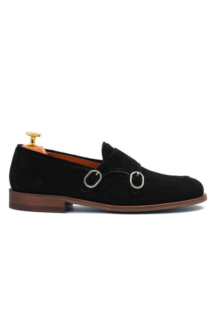 BLACK ITALIAN SUEDE DOUBLE BUCKLE MONK LOAFER