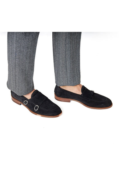 BLACK ITALIAN SUEDE DOUBLE BUCKLE MONK LOAFER
