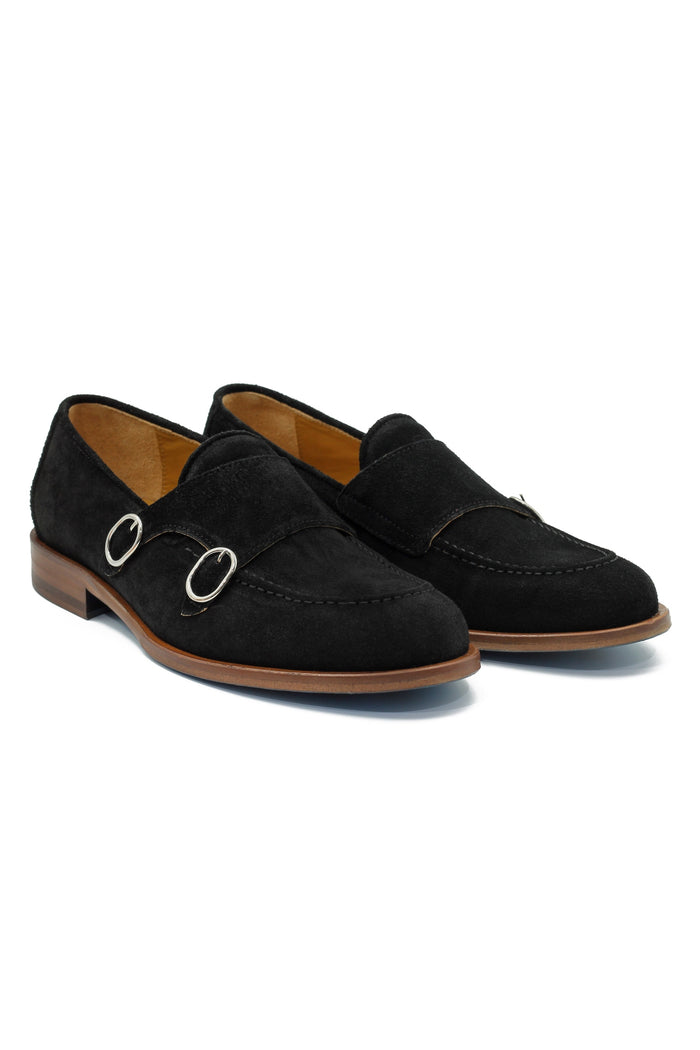 BLACK ITALIAN SUEDE DOUBLE BUCKLE MONK LOAFER