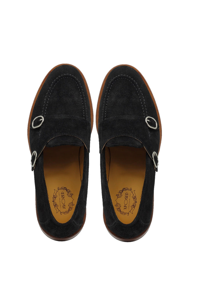 BLACK ITALIAN SUEDE DOUBLE BUCKLE MONK LOAFER