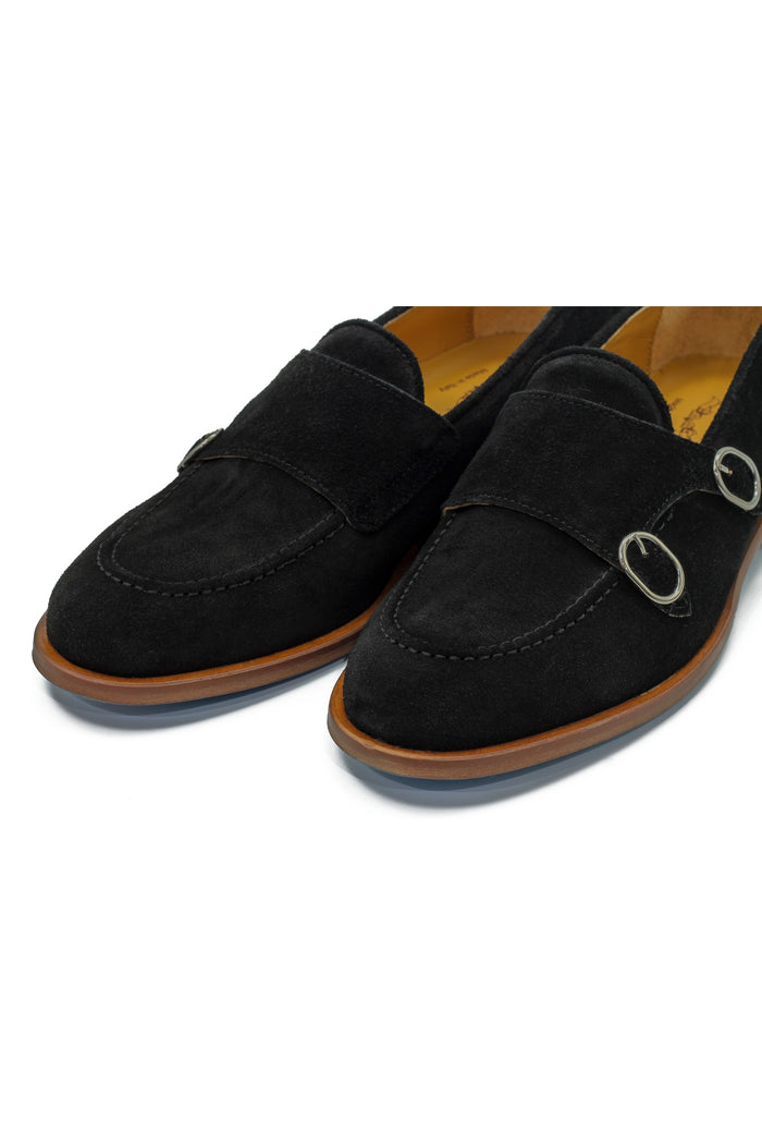 BLACK ITALIAN SUEDE DOUBLE BUCKLE MONK LOAFER