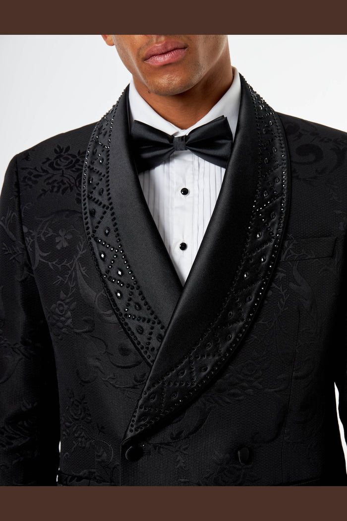 Black Jacquard Double-Breasted Tuxedo Wedding Suit