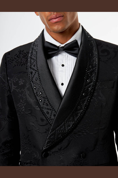 Black Jacquard Double-Breasted Tuxedo Wedding Suit