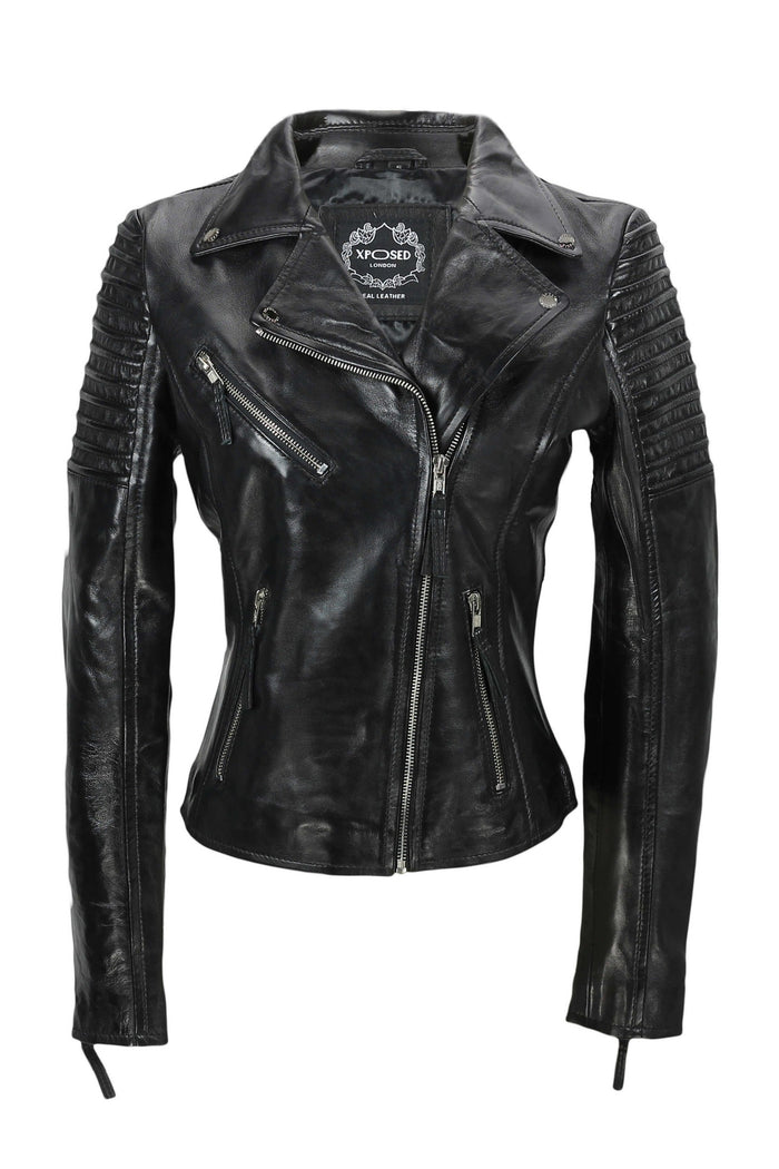 Black Ladies Real Leather Biker Jacket