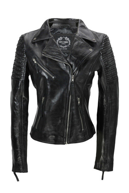 Black Ladies Real Leather Biker Jacket