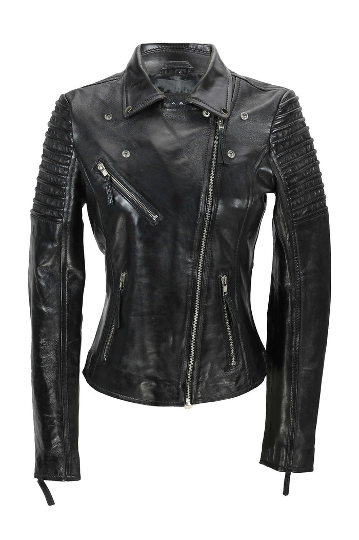 Black Ladies Real Leather Biker Jacket