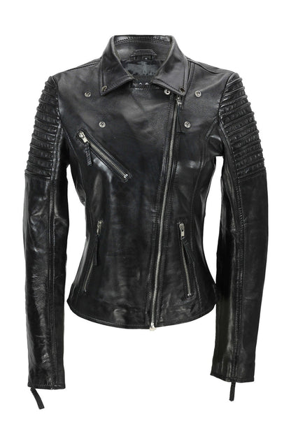 Black Ladies Real Leather Biker Jacket