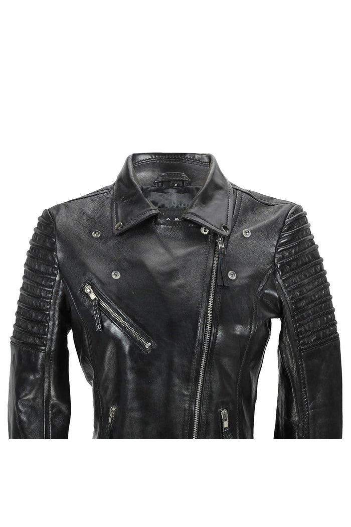 Black Ladies Real Leather Biker Jacket