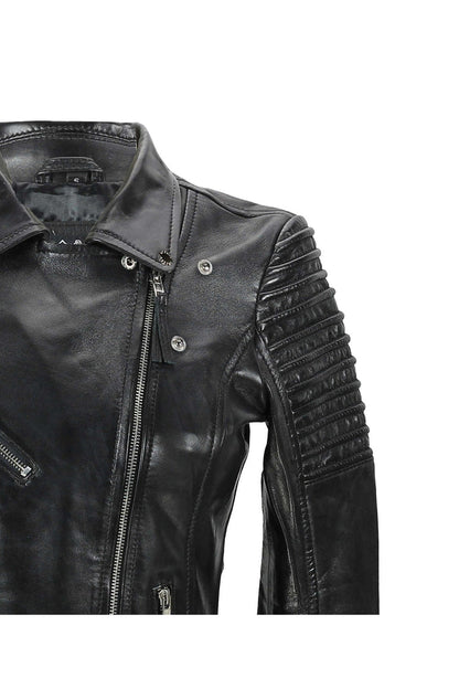 Black Ladies Real Leather Biker Jacket