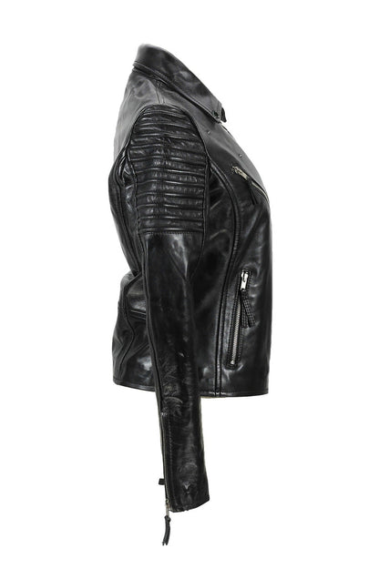 Black Ladies Real Leather Biker Jacket