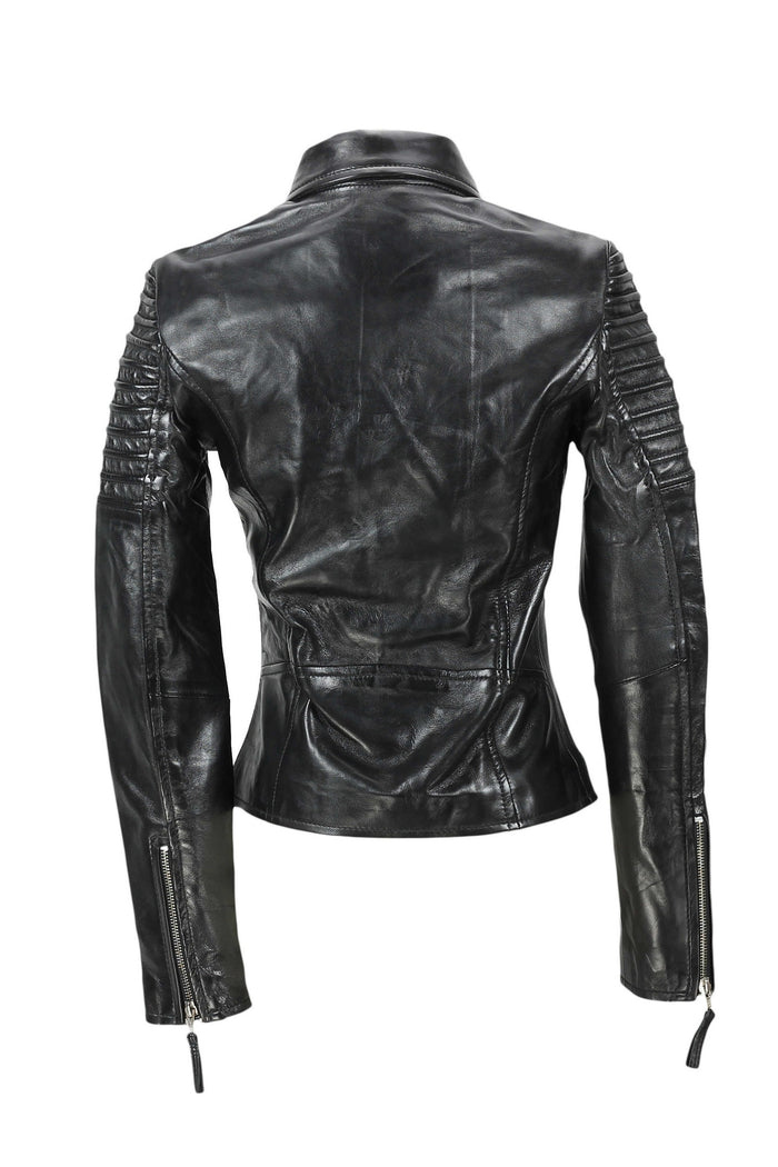 Black Ladies Real Leather Biker Jacket
