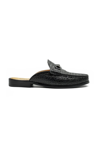 Black Leather Backless Mules Half Shoes