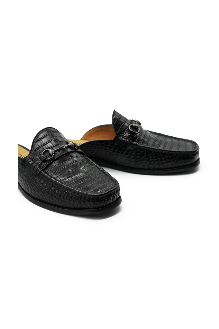 Black Leather Backless Mules Half Shoes