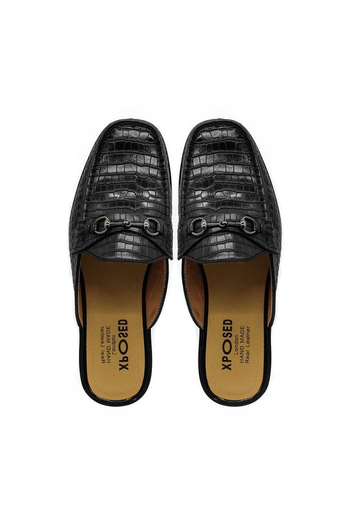 Black Leather Backless Mules Half Shoes
