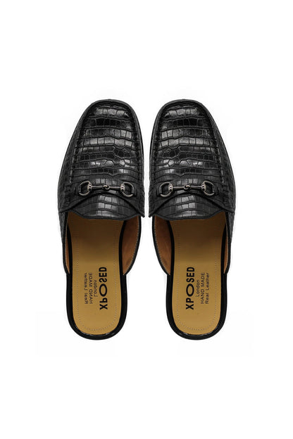 Black Leather Backless Mules Half Shoes