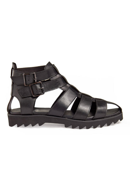 BLACK LEATHER CROSS STRAP SANDALS