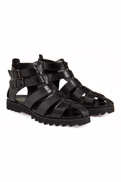 BLACK LEATHER CROSS STRAP SANDALS
