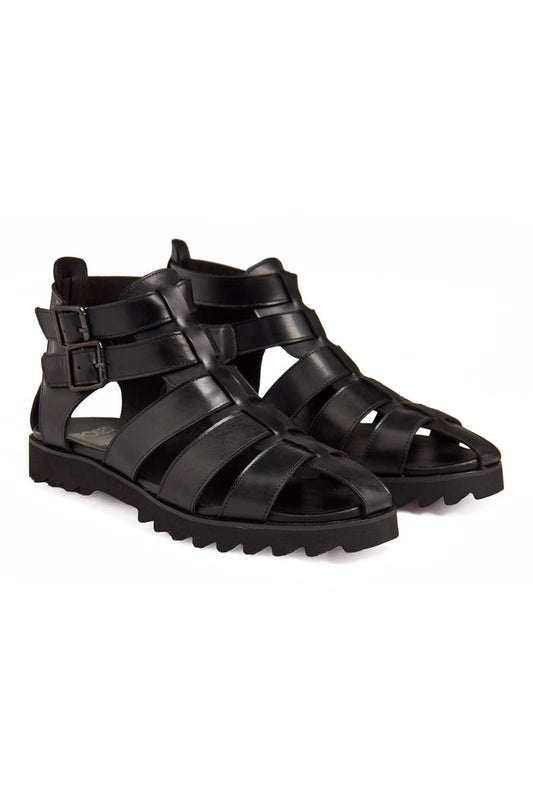 BLACK LEATHER CROSS STRAP SANDALS