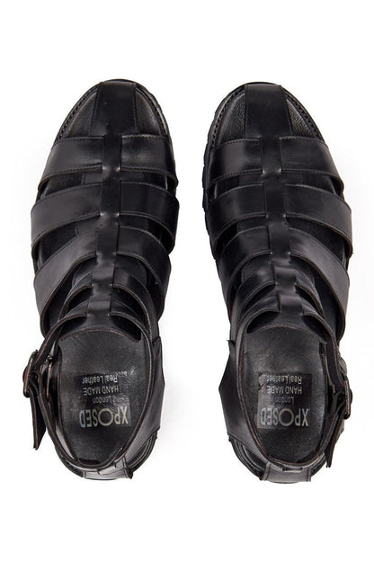 BLACK LEATHER CROSS STRAP SANDALS