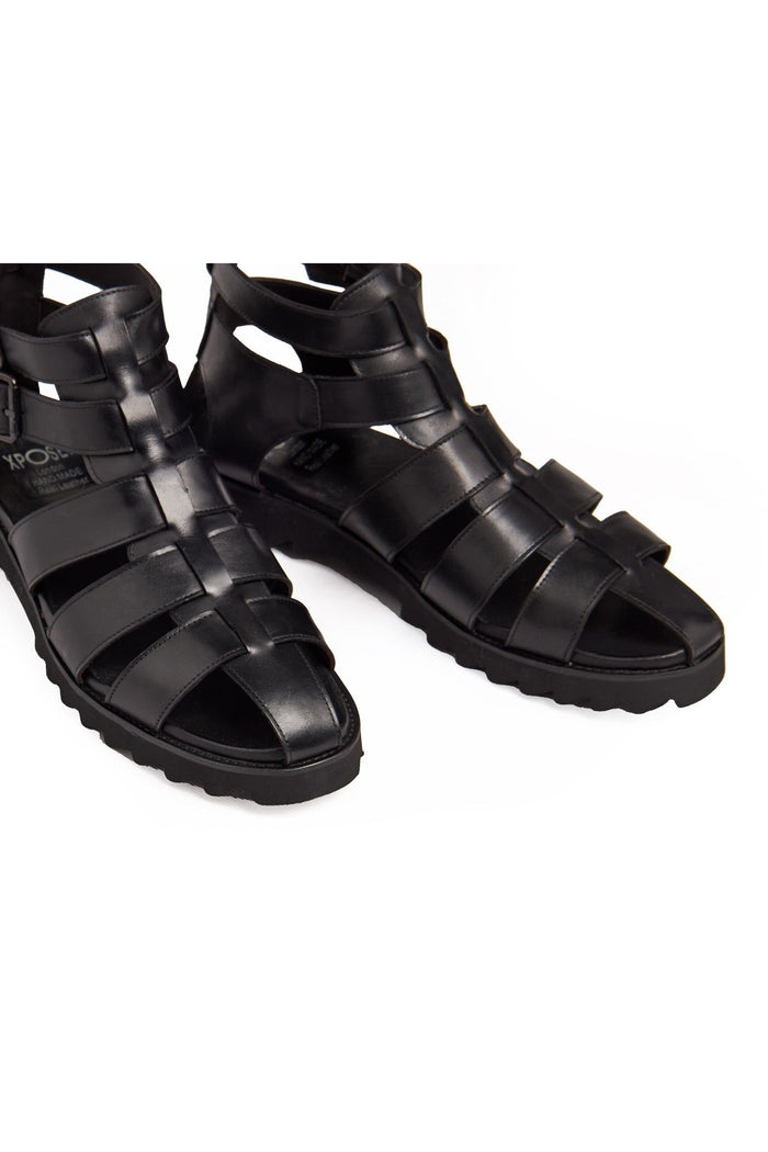 BLACK LEATHER CROSS STRAP SANDALS