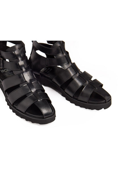 BLACK LEATHER CROSS STRAP SANDALS