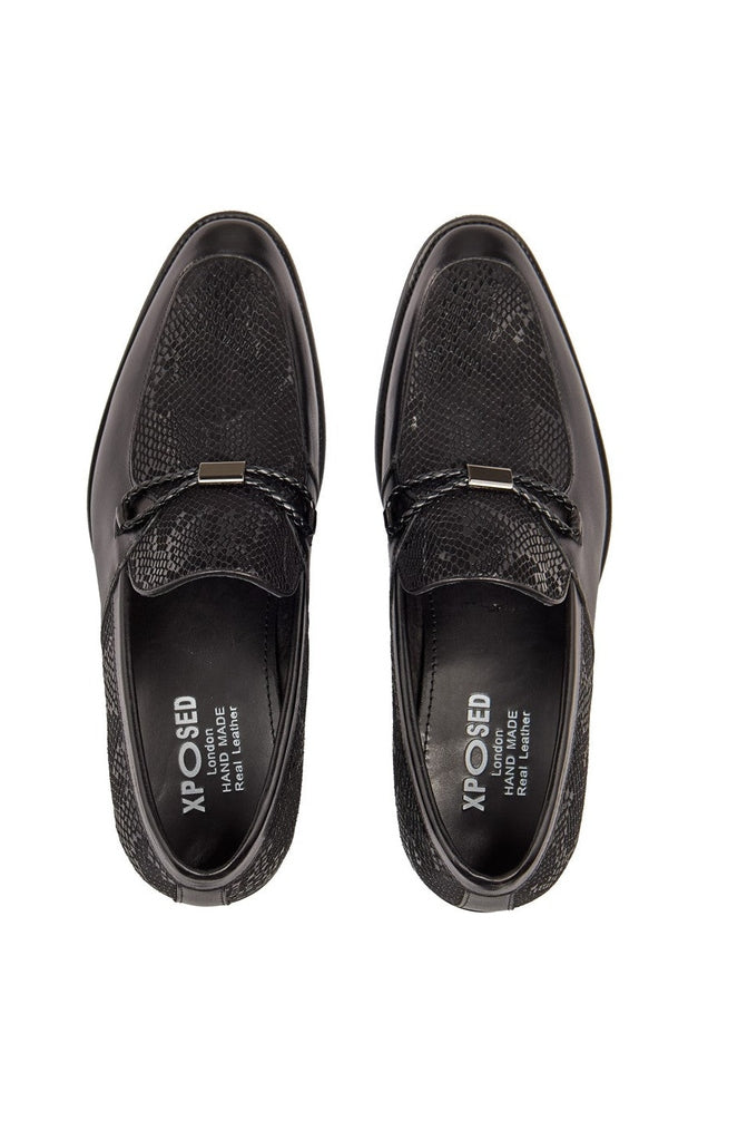 BLACK LEATHER PRINTED LOAFERS