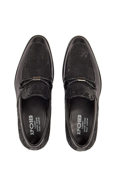 BLACK LEATHER PRINTED LOAFERS