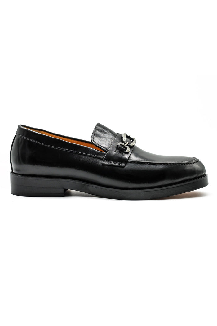 Black Leather Slip-on Loafers with Snaffle Buckle