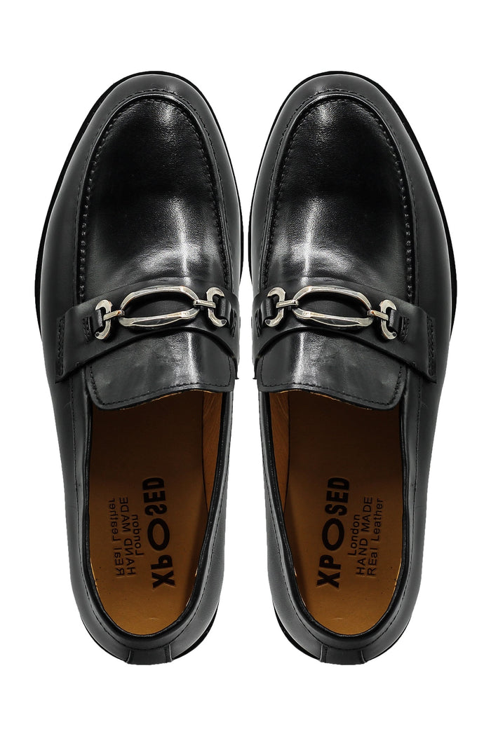Black Leather Slip-on Loafers with Snaffle Buckle