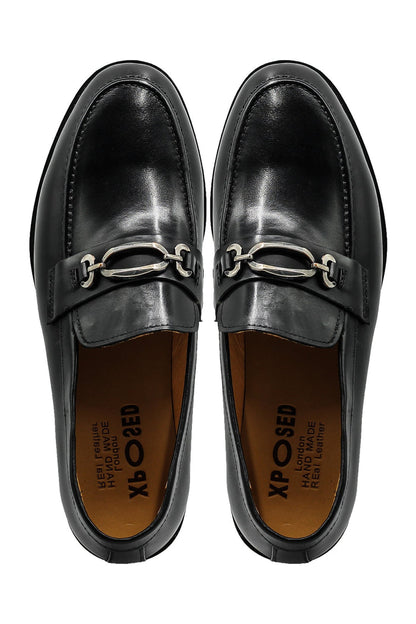 Black Leather Slip-on Loafers with Snaffle Buckle