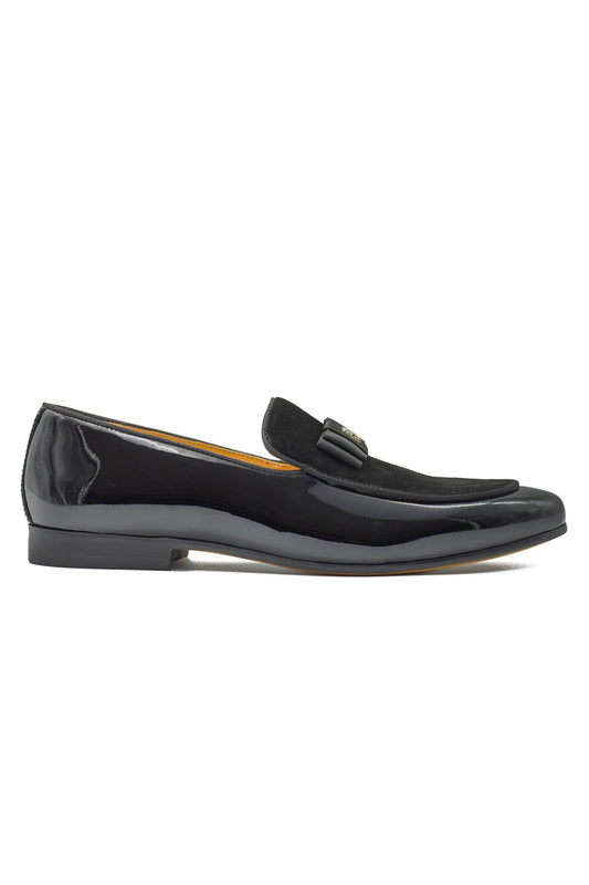BLACK LEATHER SUEDE BELGIAN BOWTIE LOAFERS