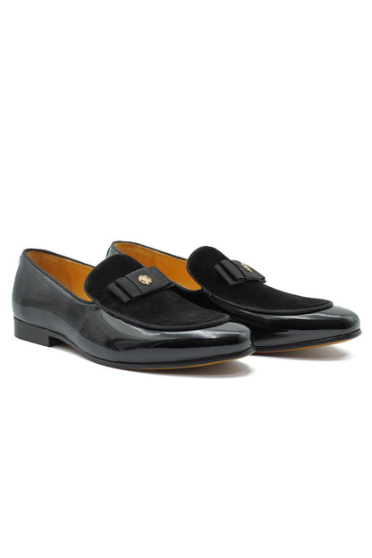 BLACK LEATHER SUEDE BELGIAN BOWTIE LOAFERS
