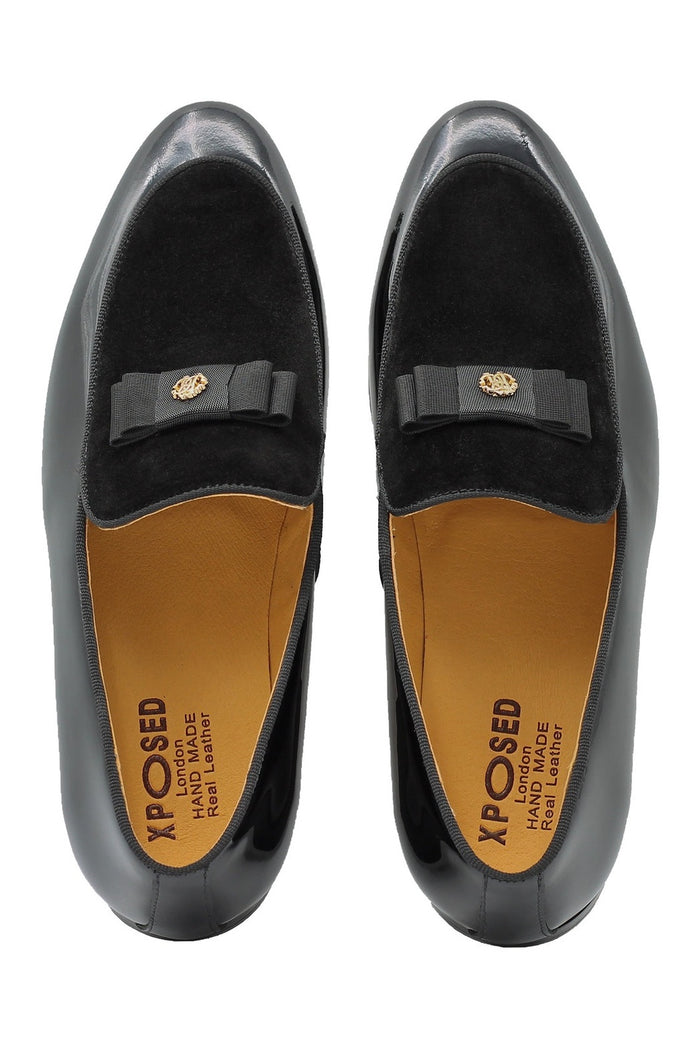 BLACK LEATHER SUEDE BELGIAN BOWTIE LOAFERS