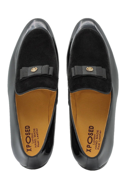 BLACK LEATHER SUEDE BELGIAN BOWTIE LOAFERS