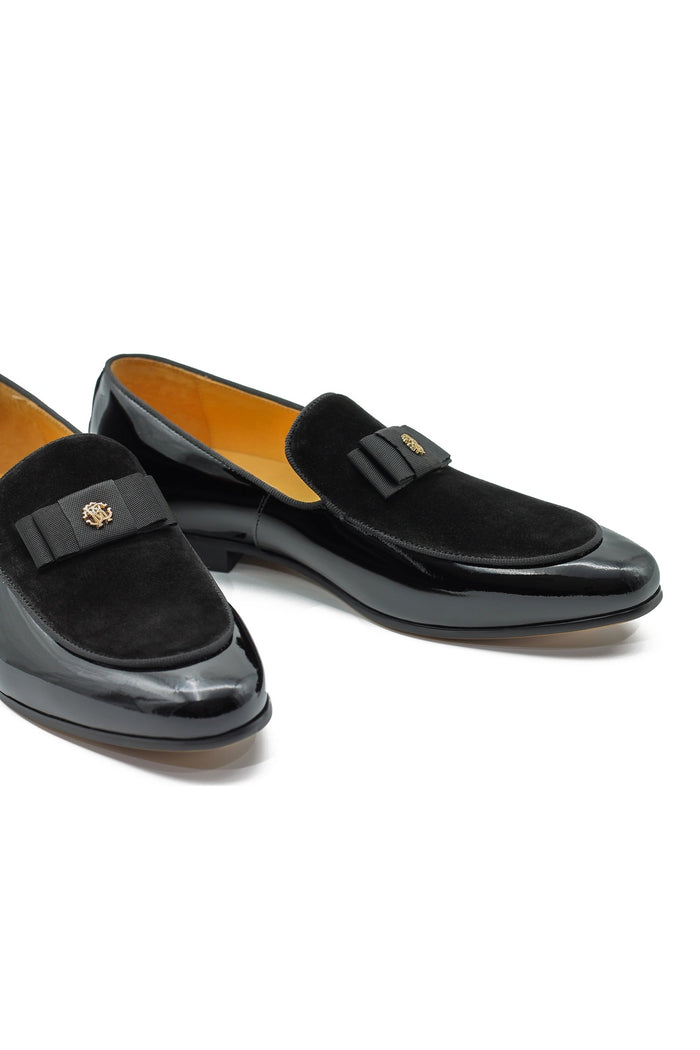 BLACK LEATHER SUEDE BELGIAN BOWTIE LOAFERS