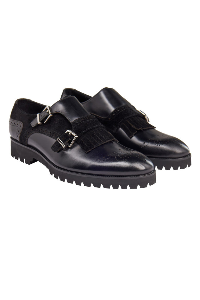 BLACK LEATHER & SUEDE DOUBLE MONK SHOES