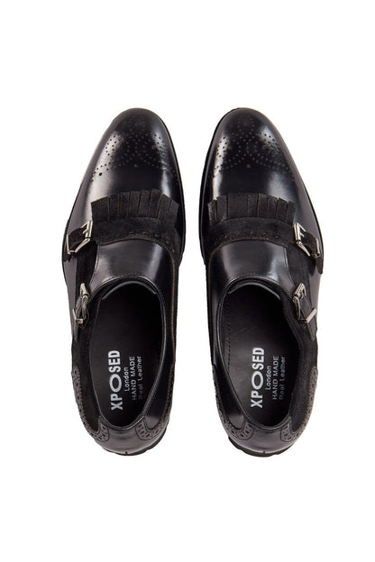BLACK LEATHER & SUEDE DOUBLE MONK SHOES