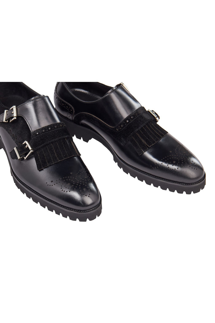BLACK LEATHER & SUEDE DOUBLE MONK SHOES