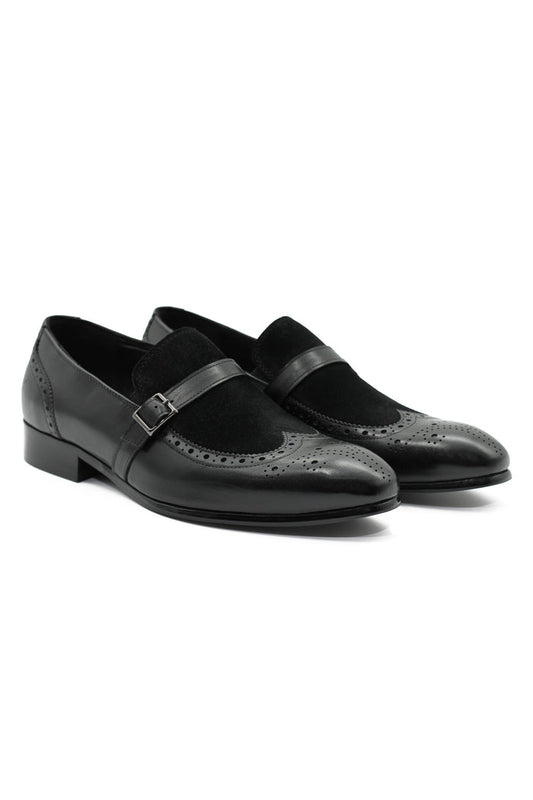 BLACK LEATHER & SUEDE MONK STRAP BROUGES