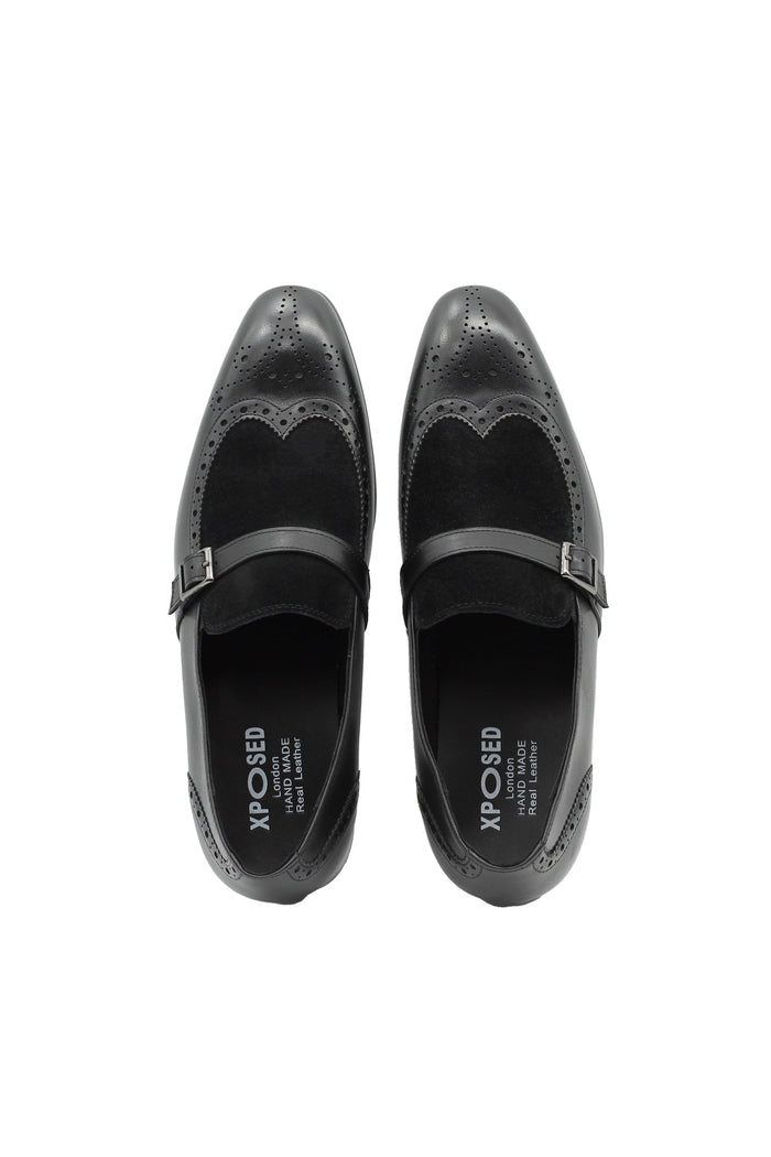 BLACK LEATHER & SUEDE MONK STRAP BROUGES