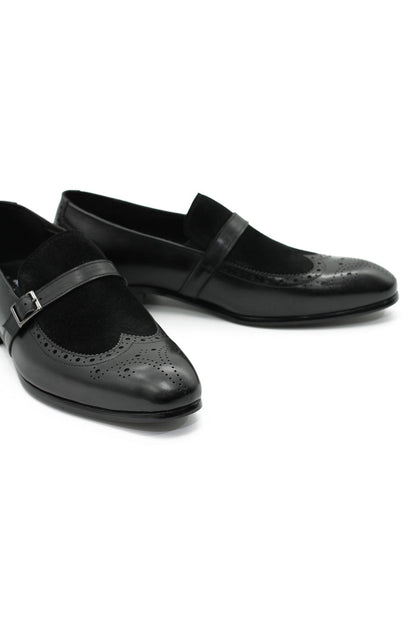 BLACK LEATHER & SUEDE MONK STRAP BROUGES
